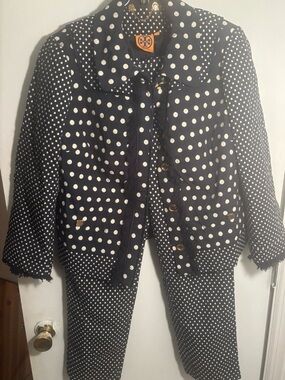 Tory Burch Navy and White Polka Dot Pantsuit with Jacket